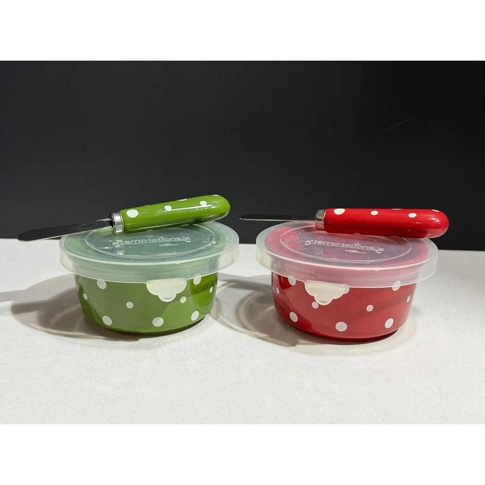 Temp-tations by Tara Polka Dot 6 oz Ramekins Set of 2 Red Green with Spreaders
